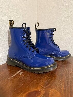 Dr. Martens Inspired Blue Patent Lace-Up Combat Boots